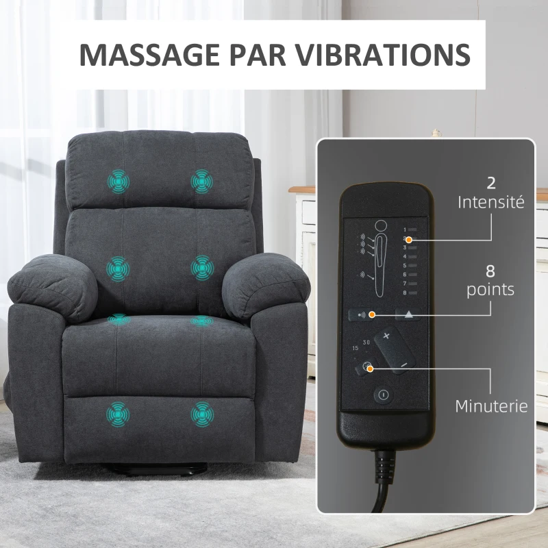 HOMCOM Fauteuil releveur électrique fauteuil massant inclinable avec repose-pied télécommande revêtement synthétique tissu gris