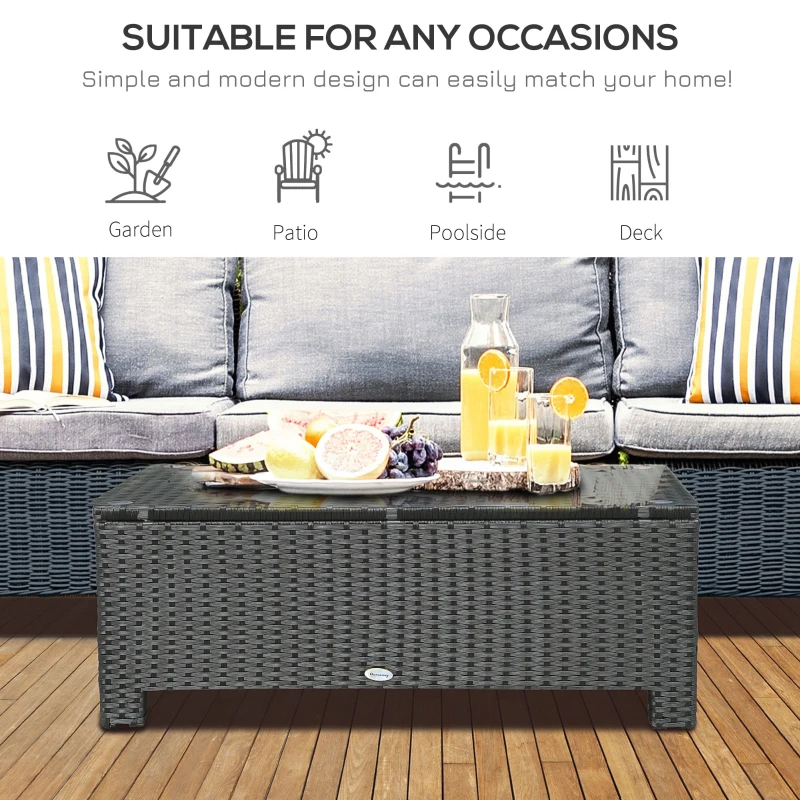 Outsunny PE Rattan Coffee Table, Rectangular Outdoor Coffee Table with Tempered Glass Top, 70 KG Capacity for Garden, Balcony, Terrace, Patio, Black