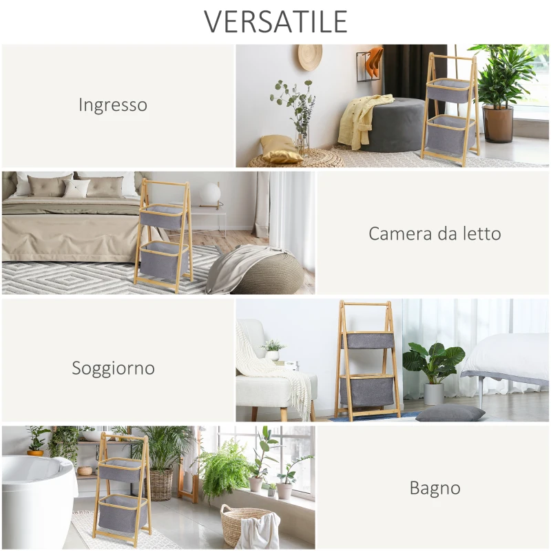 HOMCOM Mobile Bagno Pieghevole in Bambù con 2 Cassetti in Tessuto Poliestere Grigio, 45x35x98cm