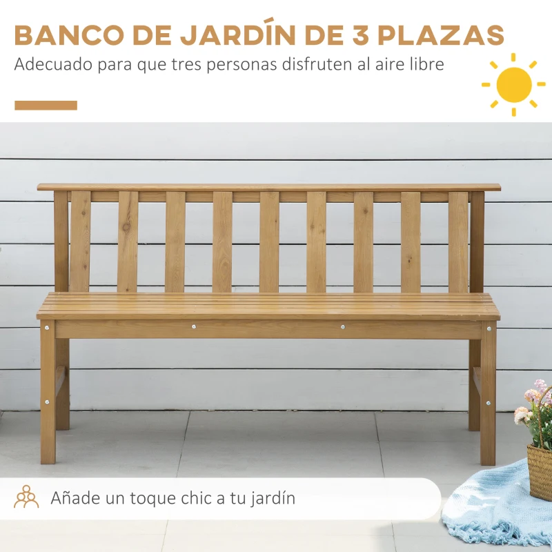 Outsunny Banco de Jardín de 3 Plazas Banco Exterior de Madera con Respaldo de Listones para Terraza Patio 144x60x77 cm Natural