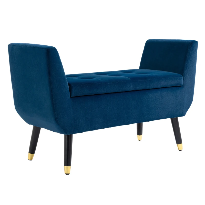 HOMCOM Sitzbank mit Stauraum Armlehnen Polsterbank mit Samtoptik, Sitztruhe mit Holzbeine, Truhenbank für Wohnzimmer Schlafzimmer Flur 107 x 42 x 65 cm, Blau