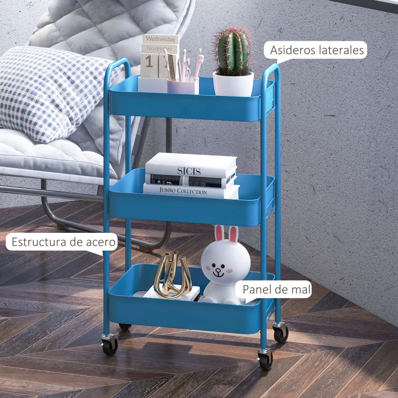 HOMCOM Carrito de Almacenamiento con 3 Cestas y Marco de Acero para Salón Dormitorio Oficina Cocina 45x30,6x79 cm Azul Oscuro