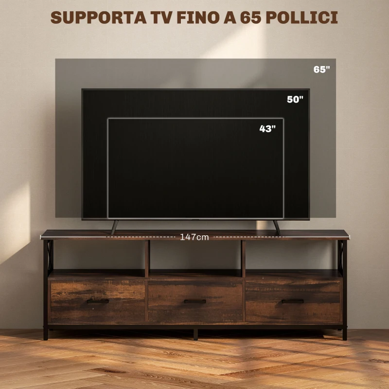 HOMCOM Mobile TV Industriale con 3 Cassetti e 3 Ripiani Aperti, in Legno e Acciaio, 147x40x50 cm, Nero e Marrone