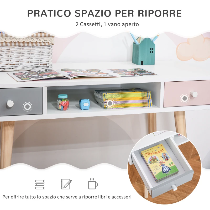 HOMCOM Scrivania per Bambini con Cassetti per Cameretta, Legno di Pino e MDF, 100x48x76.5cm, Bianco Rosa e Grigio