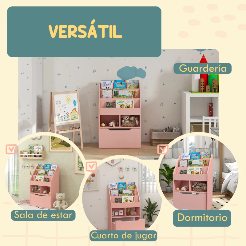 HOMCOM Estantería Infantil de Madera con 3 Compartimentos 2 Cubos y Cajón Móvil con 4 Ruedas 60x29,9x90 cm Rosa