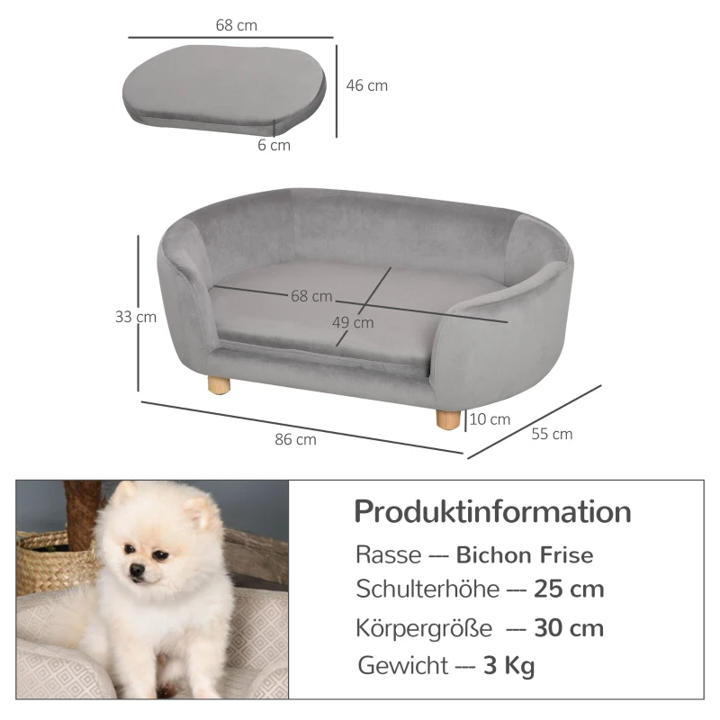 PawHut Haustiersofa Hundesofa Hundebett mit Holländischer Samt Schaumstoff Birke Bein für Katzen Hunde  86 x 55 x 33 cm Hellgrau