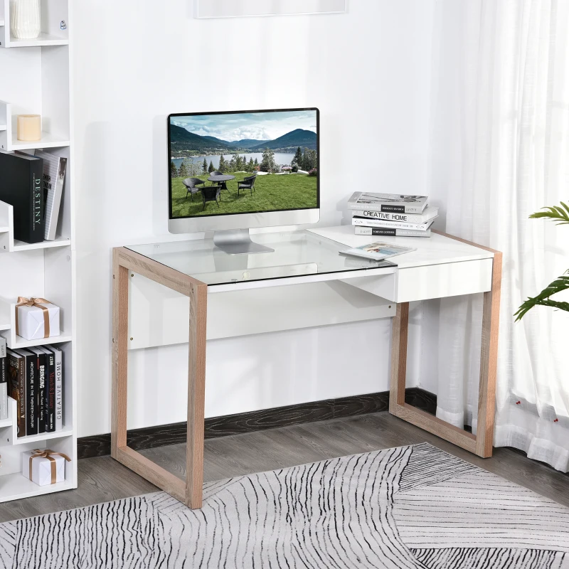 HOMCOM Scrivania Moderna di Design in Legno e Vetro Temperato con Cassetto, Bianca e Color Legno, per Ufficio, 120x60x75cm
