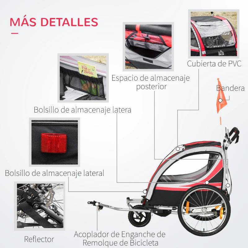 HOMCOM Remolque de Bicicleta para Niños +18 Meses 2 en 1 Cochecito de Paseo de 2 Plazas con Freno de Mano Cinturón de Seguridad Bandera y Reflectores 142x75x101 cm Rojo
