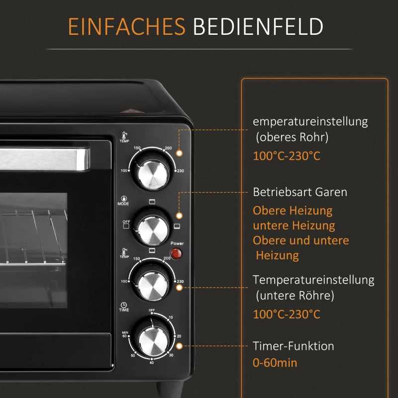 HOMCOM Mini-Oven Toasteroven, 1 Bakplaat, 1 Grillrek, Timer-functie, Zwart