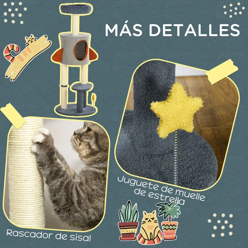 PawHut Árbol Rascador para Gatos 116 cm Tipo de Cohete Torre para Gatos con Postes Cama Cueva Juguete Estrella Ø44x116 cm Azul