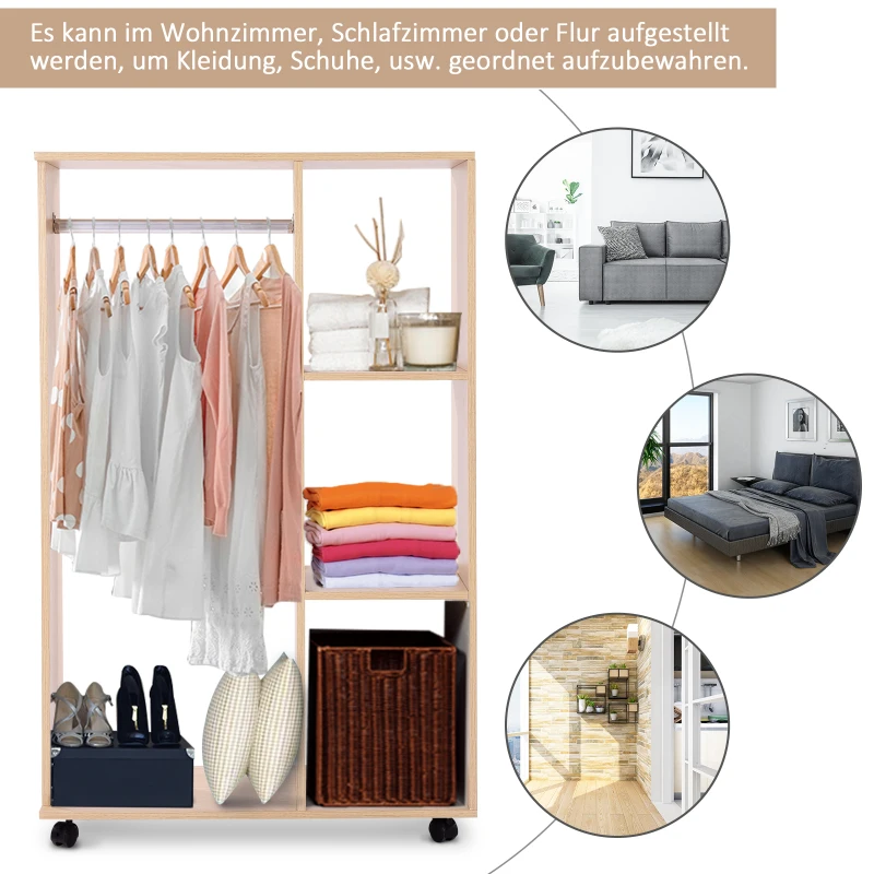 HOMCOM Kleiderschrank auf Rollen, mobile Garderobe, Garderobenschrank, Rollbarer Kleiderständer, 80 x 40 x 128 cm, Natur