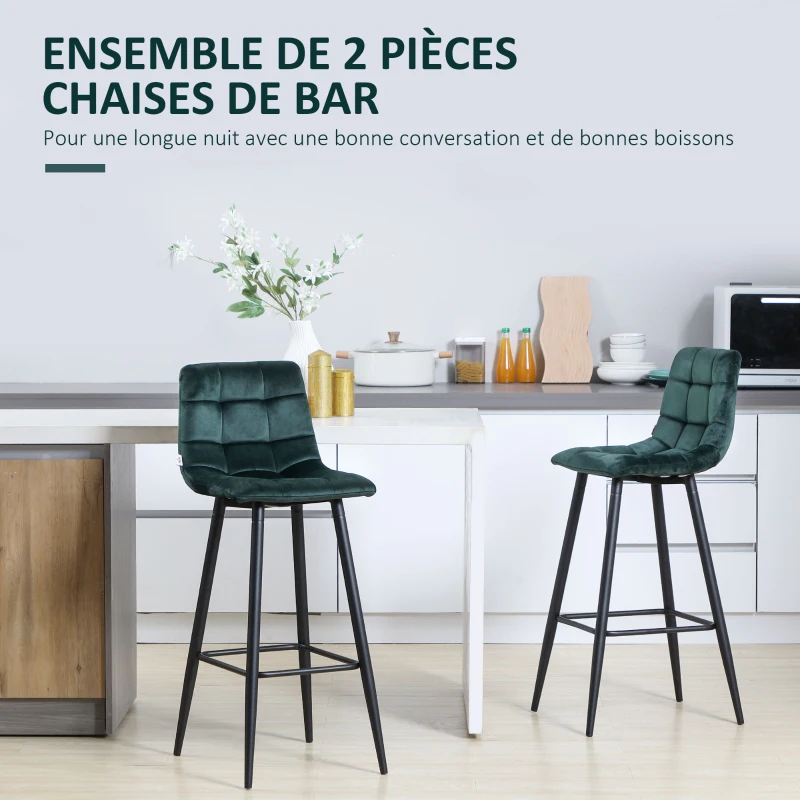 HOMCOM Lot de 2 tabourets de bar design surface en velours capitonné et pieds en acier hauteur 77 cm vert foncé