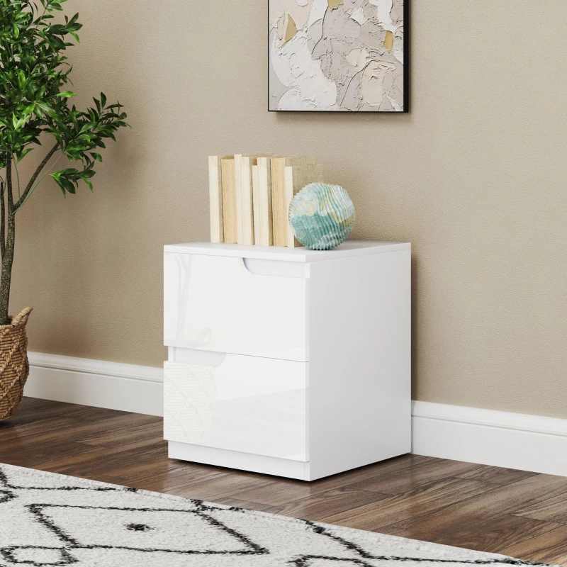 HOMCOM Mesita de Noche Moderna Mesilla de Noche con Cajones con Frontal Blanco Brillante y Almohadilla 40x40x48 cm Blanco