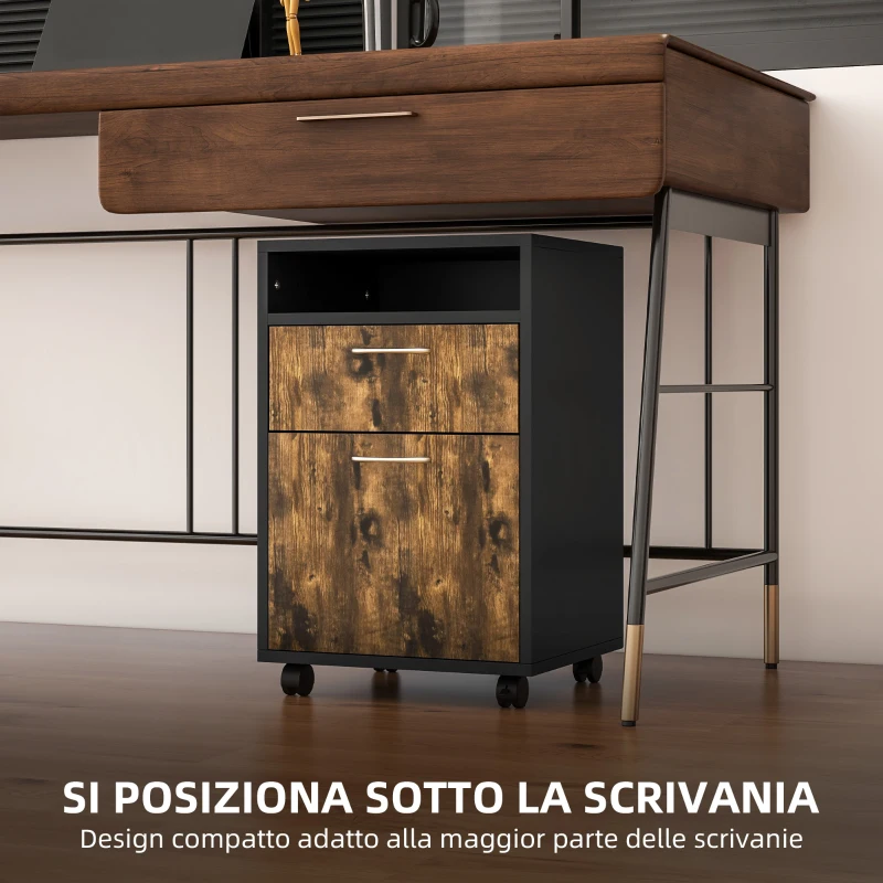 HOMCOM Cassettiera Portadocumenti con Cassetto e Ripiano, 4 Ruote, 40x35x60cm, Marrone e Nero