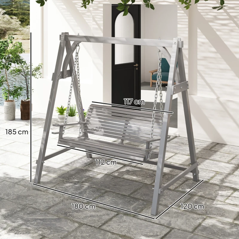 Outsunny 2 Seater Garden Swing Seat, Wooden Swing Chair Bench with Cup Holders for Outdoor Porch Patio, Grey