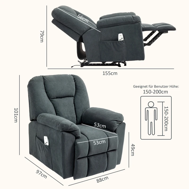 HOMCOM Elektrischer Relaxsessel mit Massage- und Wärme-Funktionen, Polstersessel mit USB-Anschluss, Seitentaschen, Grau(m-3)