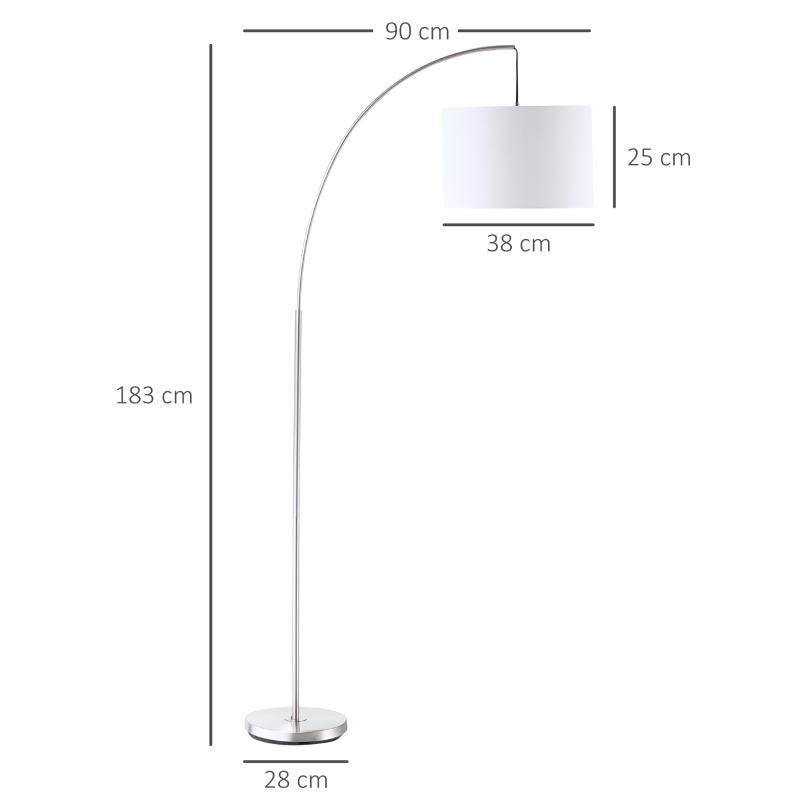 HOMCOM Lampadaire arc lampadaire arceau courbé design contemporain abat-jour polyester interrupteur à pied pour salon chambre et bureau 90 x 38 x 183 cm blanc et argent