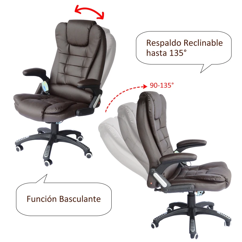 HOMCOM Silla de Oficina y Escritorio Regulable en Altura Reclinable 135° y Función Basculante Con Calefacción y Función Masaje con 5 Programas y 6 Puntos Vibratorios 62x68x111-121cm Hasta 120kg Marrón
