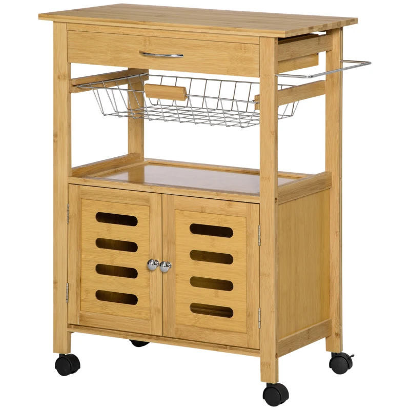 HOMCOM Carrello da Cucina con Cassetto, Armadietto e Cestino Estraibile in Legno con Ruote Girevoli, 66x36x79cm