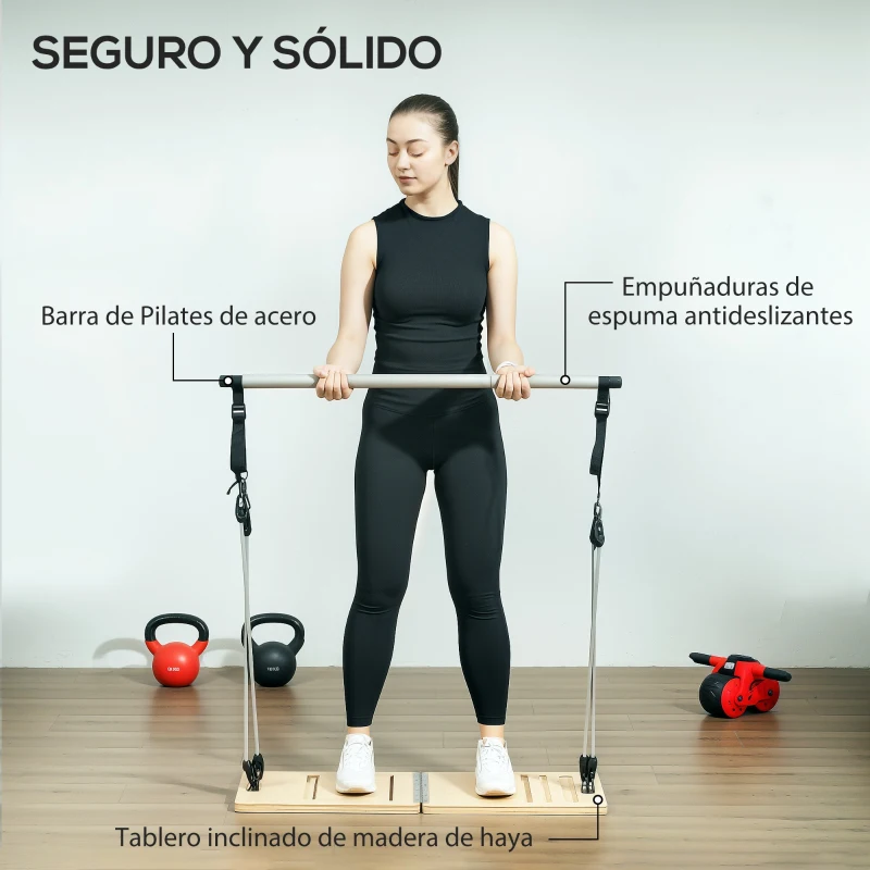 SPORTNOW Barra Pilates con Bandas Elásticas Tabla Inclinada Ajustable y Resistencia Personalizable para Estiramientos 90x33x3 cm