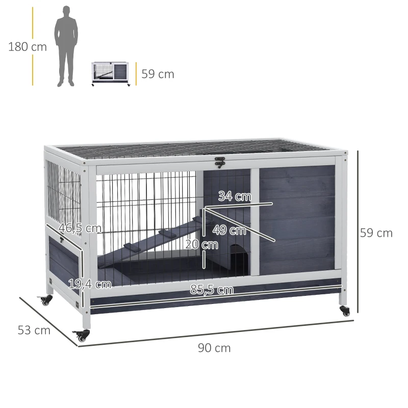 PawHut Kleintierstall mit Rädern Kleintierkäfig Meerschweinchenstall Meerschweinchenkäfig Kleintierhaus Tannenholz Dunkelgrau+Weiß 90 x 53 x 59 cm