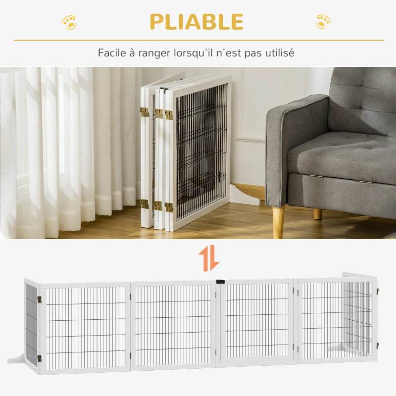PawHut Barrière de sécurité chien barrière autoportante barrière modulable pliable 6 panneaux 2 pieds support bois de pin