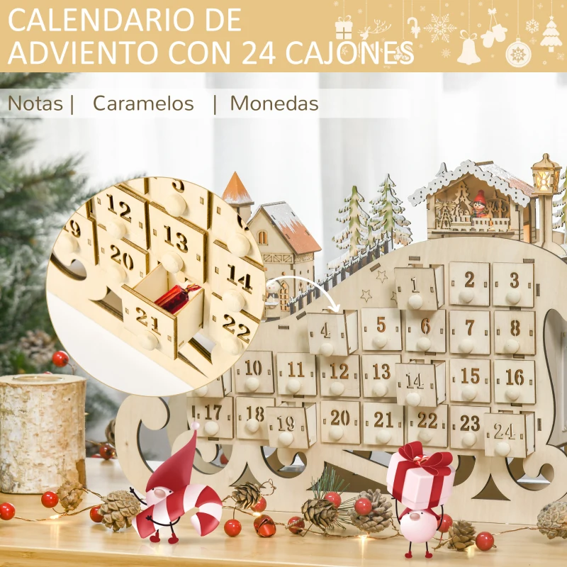 HOMCOM Calendario de Adviento de Navidad con Luces y 24 Cajones Decoración Navideña Modelo Trineo 45x10x31 cm Madera Natural