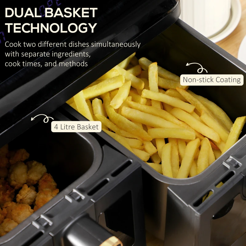 HOMCOM 8L 200°C Double Air Fryer, with 8 Preset Menus and Digital Display - Gold Tone/Black