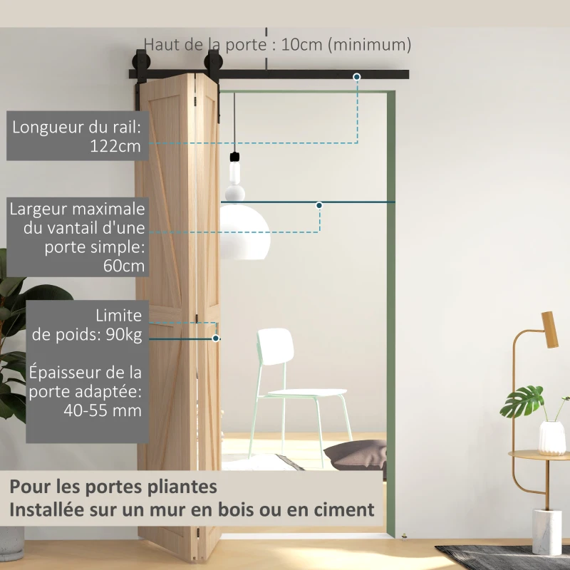 HOMCOM 122 CM Quincaillerie de porte coulissante pliante kit de rails de porte de grange coulissante en acier pour 2 portes