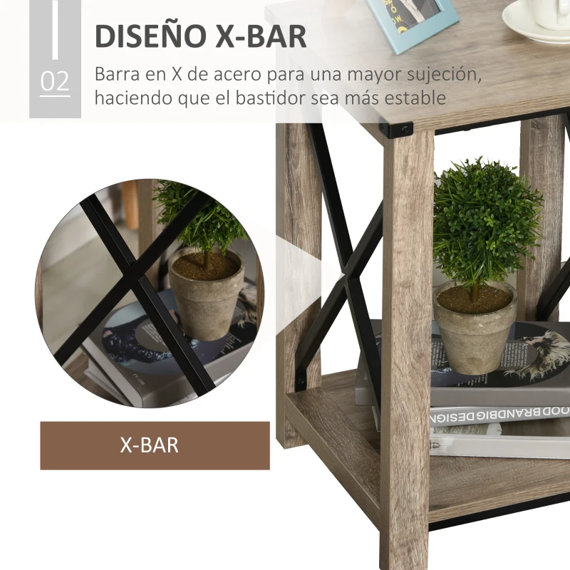 HOMCOM Mesa Auxiliar Mesa de Café Estilo Retro Industrial con Estante Inferior de Almacenaje Multifuncional Marco de Forma X 40,5x40,5x60 cm Roble