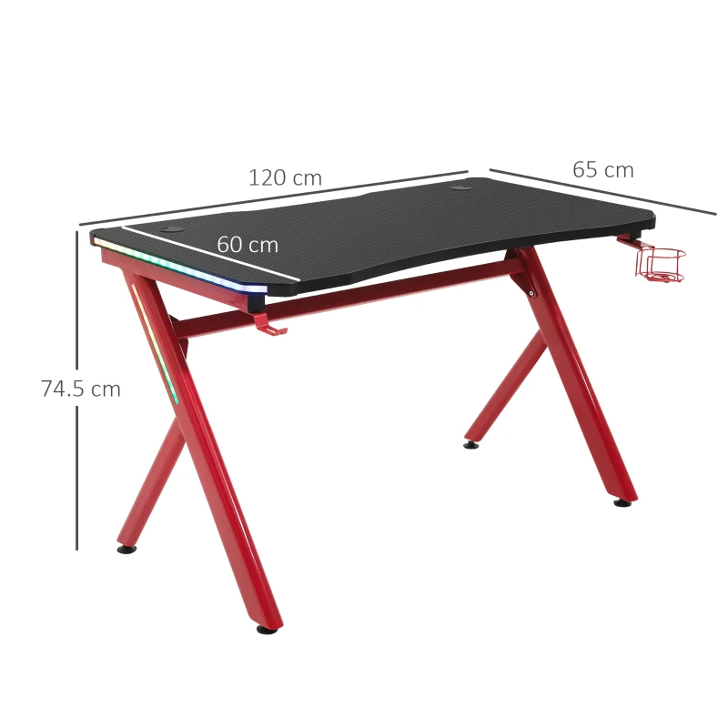 HOMCOM RGB Gaming Desk Computer Table Metal Frame with LED Light, Cup Holder, Headphone Hook, Cable Hole, Red