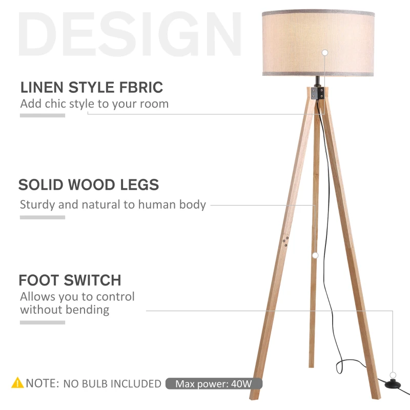 HOMCOM Floor Lamp with Elegant Wood Tripod, Free Standing E27 Bulb Lamp Versatile Use For Home Office - Grey