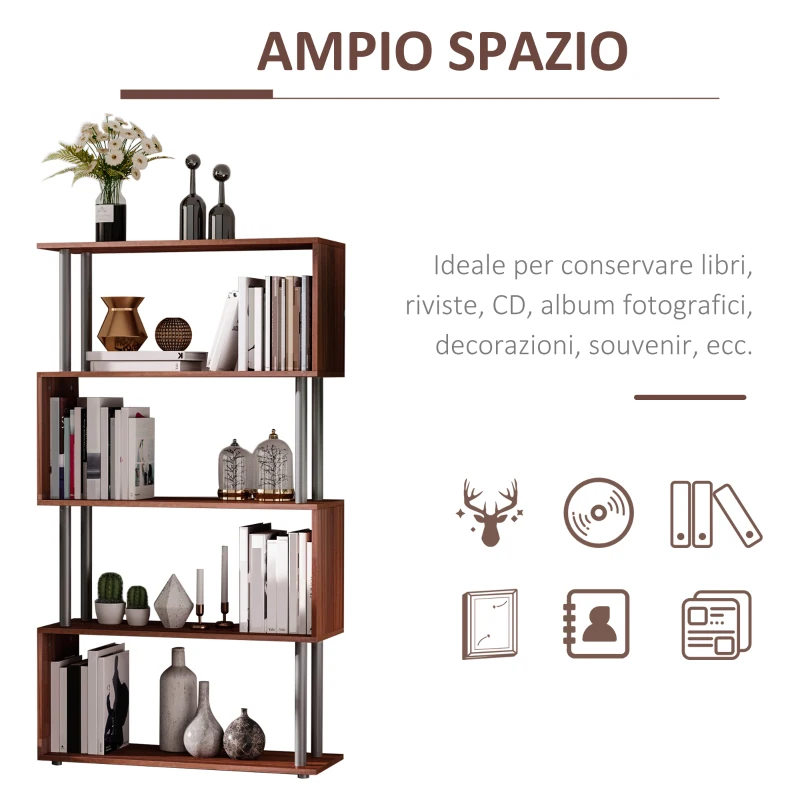 HOMCOM Libreria a 4 Ripiani Design Moderno in Legno e Metallo, Libreria Scaffale per Soggiorno, Studio, Ufficio, 80x30x145cm Noce