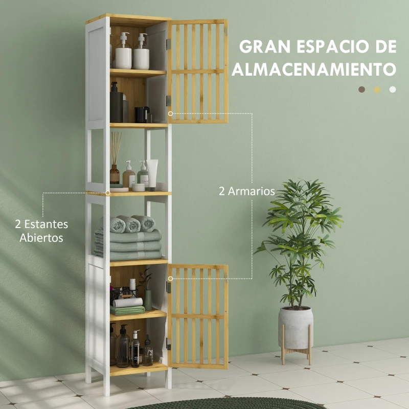HOMCOM Columna de Baño Mueble de Baño Alto con 2 Compartimentos 2 Puertas de Rejilla y Estantes Ajustables 32x30x172 cm Blanco