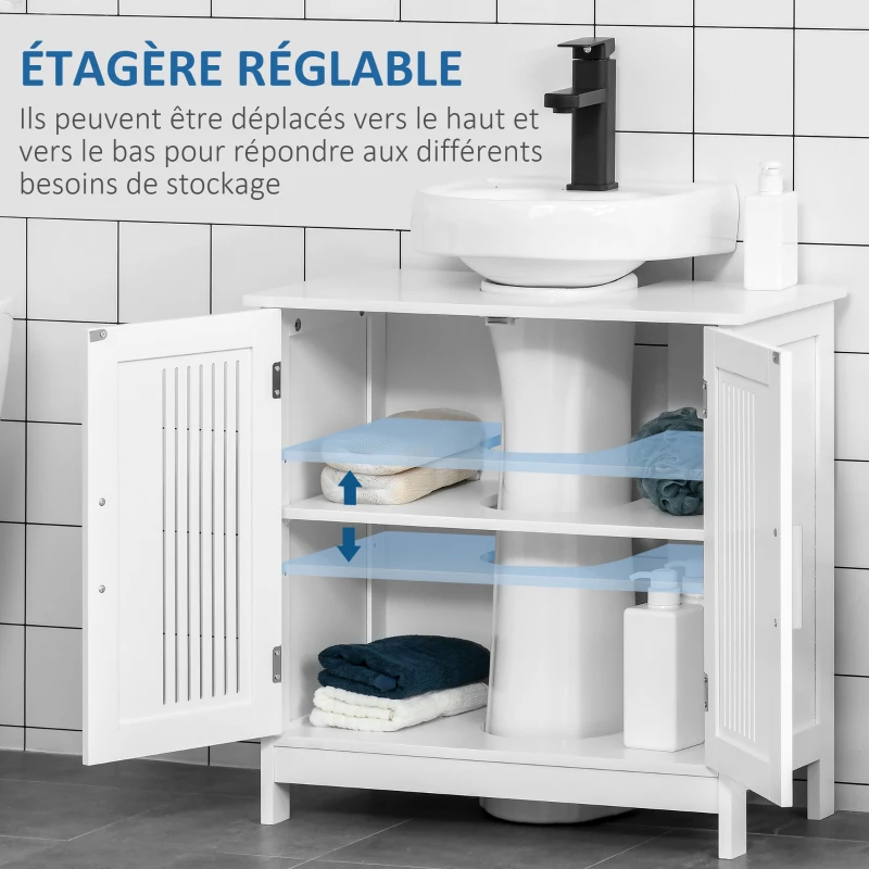 kleankin Meuble sous lavabo salle de bain - meuble sous-vasque - 2 portes rainurées avec étagère réglable - poignées alliage aluminium - dim. 60L x 30l x 60H cm - MDF blanc