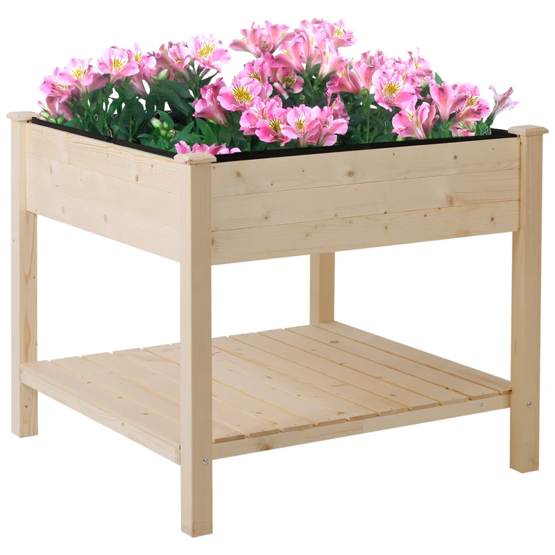 Outsunny Letto per Orto Rialzato, Orto Urbano Pensile Tavolo Porta Piante con Fodera in Tessuto per Giardino, 91x91x81cm, Legno