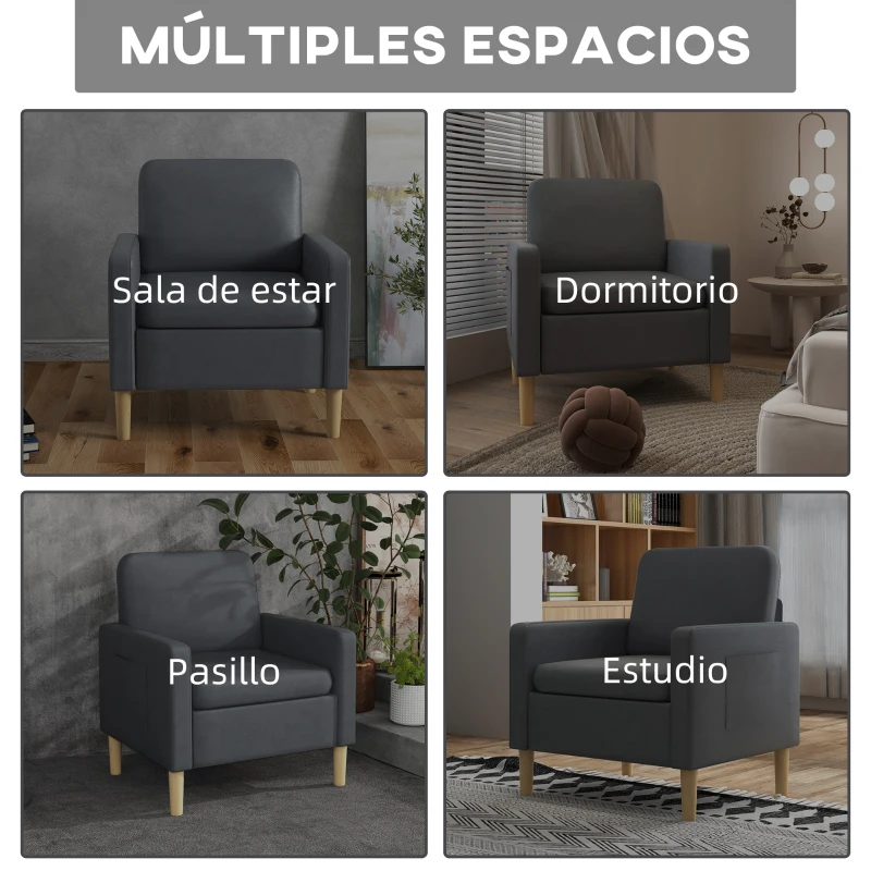 HOMCOM Sillón Individual Moderno con 2 Bolsillos Laterales Reposabrazos Asiento Acolchado y Patas de Madera 73x79x87 cm Gris