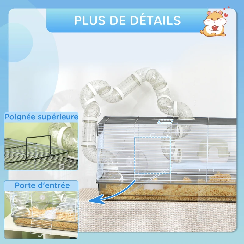 PawHut Cage hamster cage rongeur avec tunnel et accessoires inclus fil d'acier 58 x 32 x 31 cm gris