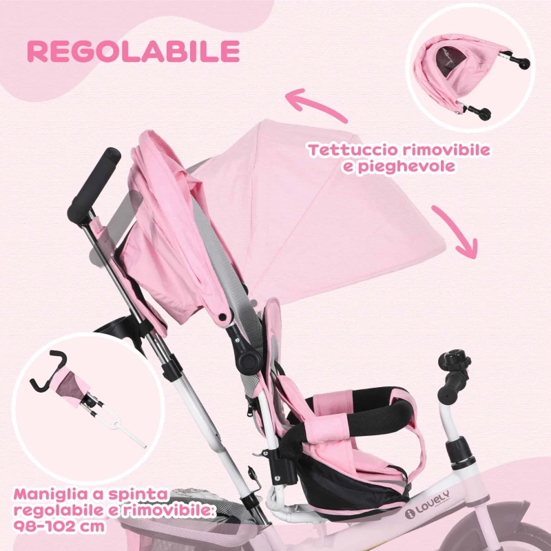 HOMCOM Triciclo per Bambini 1-5 Anni con Maniglione e Tettuccio Regolabile, 102x49x102 cm, Bianco e Rosa