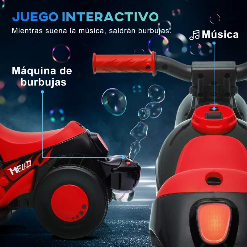 AIYAPLAY Moto Eléctrica para Niños de +2 Años con Función de Soplar Burbujas Faros Música Velocidad 3 km/h Carga 30 kg Rojo