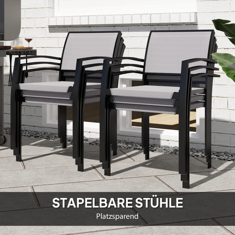 Outsunny 7-Delige Tuinset, 6 Stoelen, 1 Tafel, Stapelbaar, Onderhoudsvriendelijk, Stalen Frame, Tuinmeubelset, Grijs