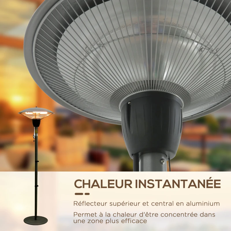 Parasol chauffant infrarouge 9 m² et IP44 chauffage d'appoint sans CO₂ dim. Ø 44 x 195 cm chauffage radiant sur pied 1500 W métal gris