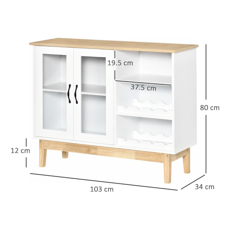 HOMCOM Storage Cabinet, Sideboard with Wine Holder for 8 Bottles, Glass 2-Door Display Cupboard, Adjustable Shelf, White