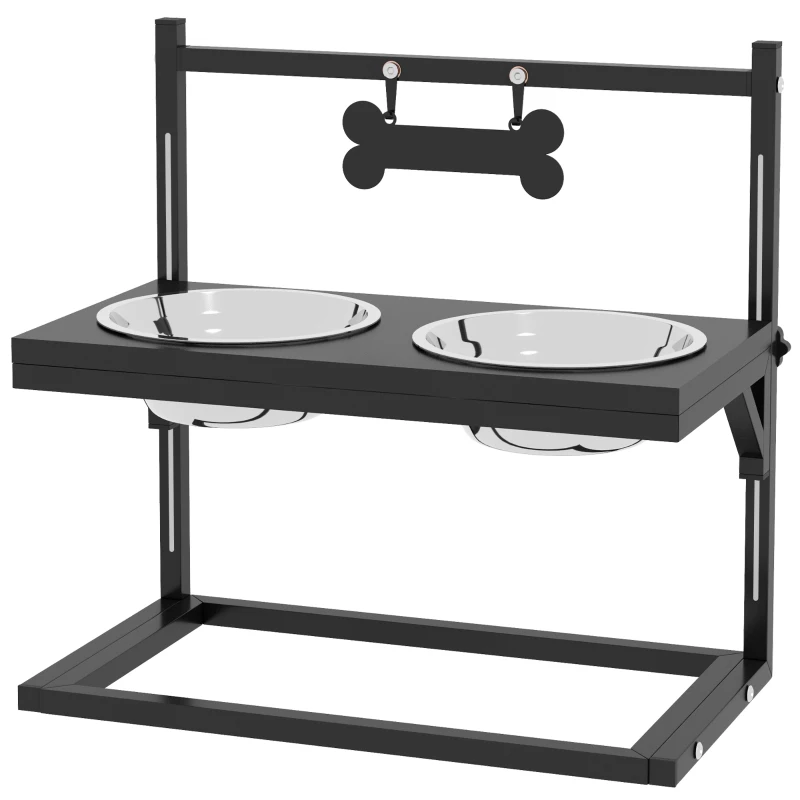 PawHut Comedero Elevado para Perros con 2 Tazones de Acero Inoxidable Altura Ajustable y 1 Placa de Metal 40,5x22x39 cm Negro