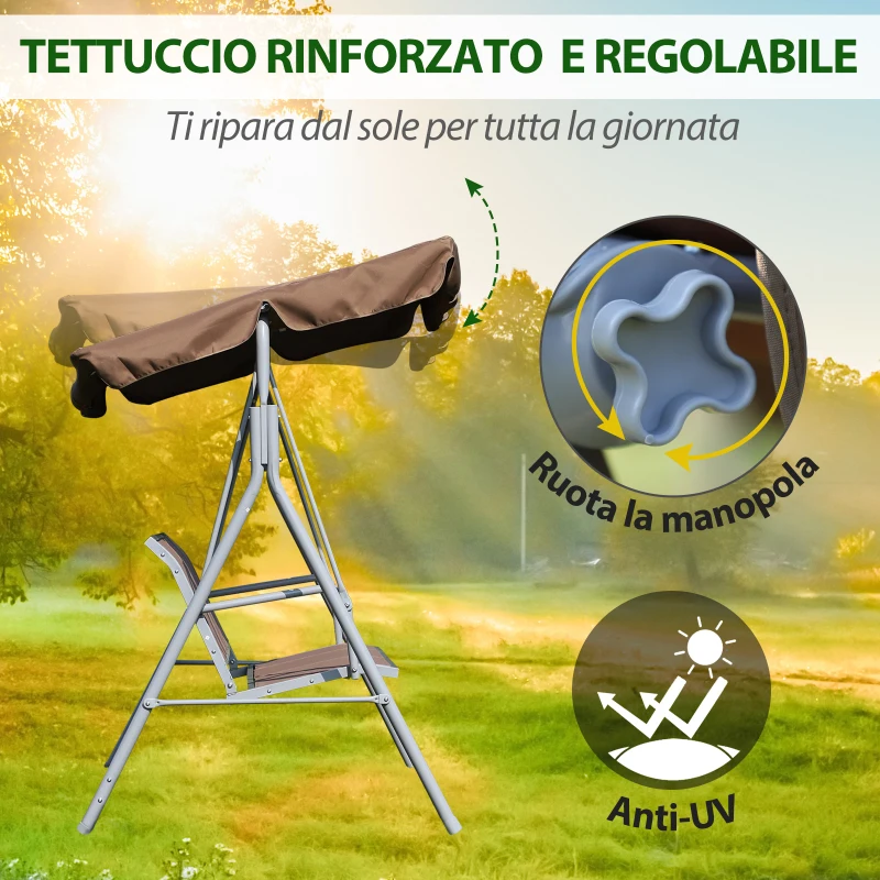 Outsunny Dondolo da Giardino a 3 Posti in Metallo, Tetto Parasole Rimovibile e Lavabile, Marrone e Argento, 171x108x150cm