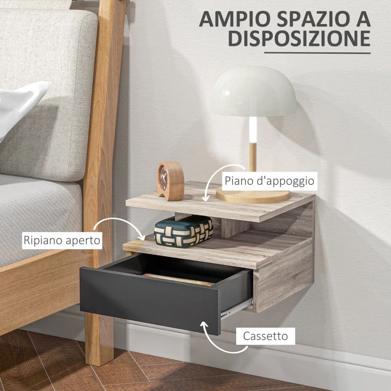 HOMCOM Set di 2 Comodini Sospesi Moderni con Cassetto e Mensola Superiore, 35x32x22.5cm, Rovere e Nero