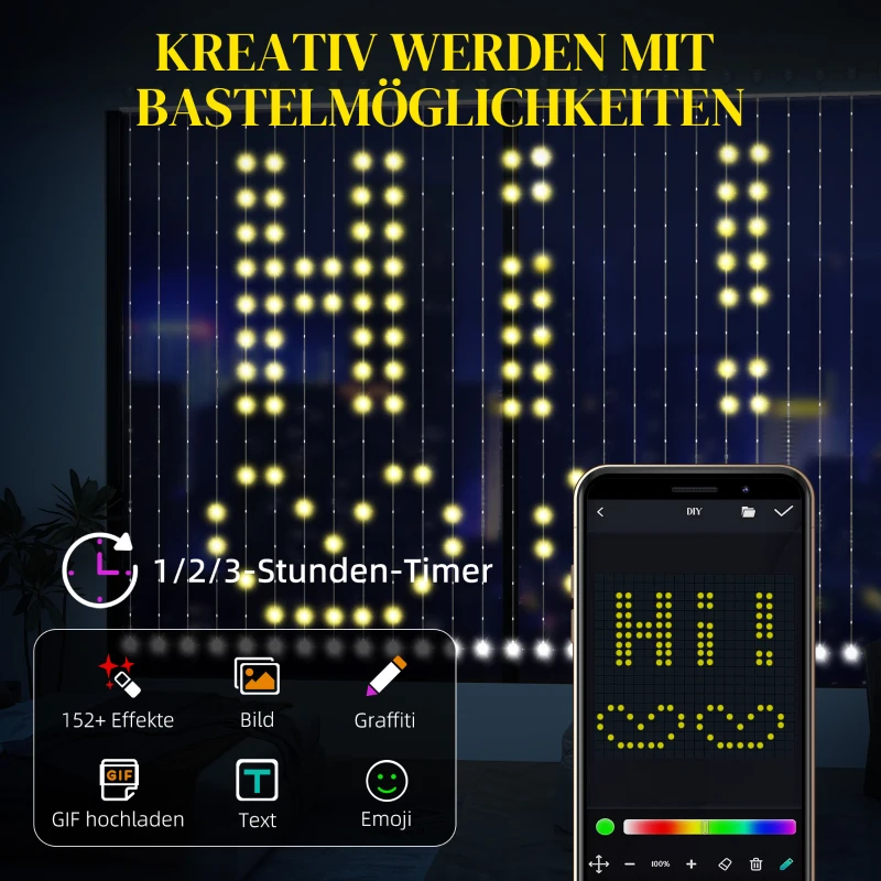 HOMCOM Vorhang mit 400 LED-Lichtern, Dynamische Lichterketten mit Musiksynchronisation für Schlafzimmer, Wohnzimmer, 3 x 3 m(m-4)