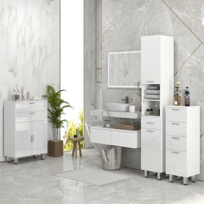 kleankin Mobiletto Bagno in Truciolato con 4 Cassetti e Base Rialzata, 30x30x93 cm, Bianco