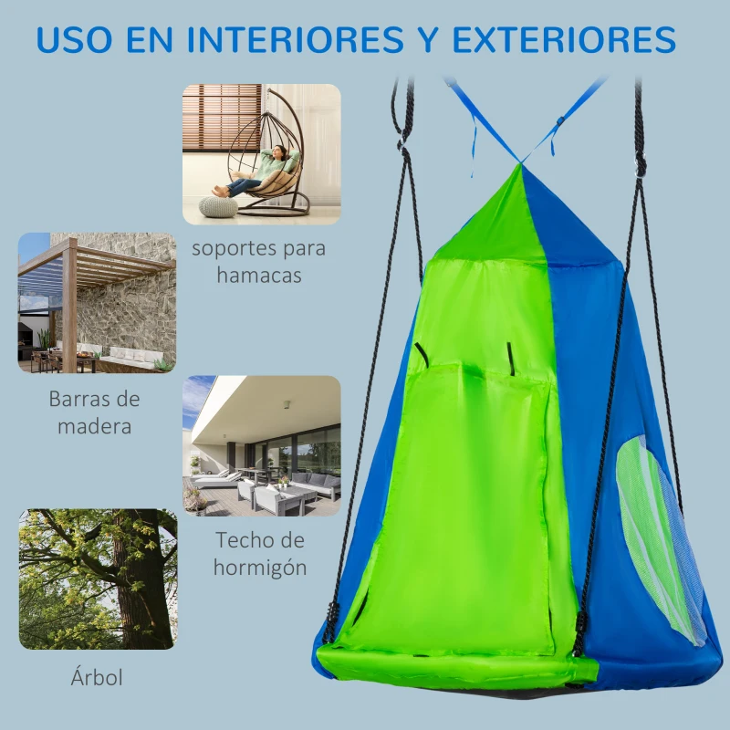 Outsunny Columpio con Tienda Infantil Columpio Nido con Puerta Enrollable y 2 Ventanas de Malla para Niños y Adultos Carga Max. 200 kg Interior y Exterior Ø100x180 cm Verde y Azul
