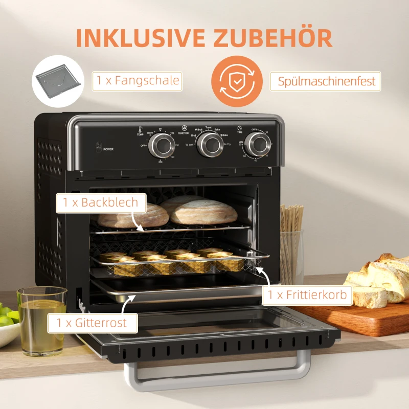 HOMCOM Minibackofen, 20L, 5 Funktionen, 360° Heißluft, Grillrost, Krümelblech, Schwarz(m-6)